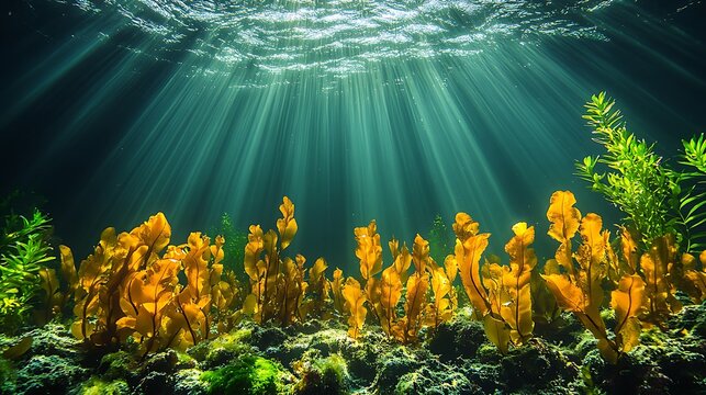 Underwater sunlight on seaweed and algae