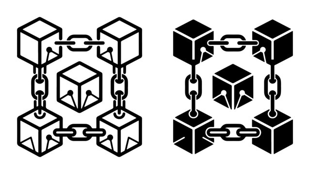 Blockchain Technology Icons, Digital Ledger Network Blocks Linked, Secure Data Chain System Concepts