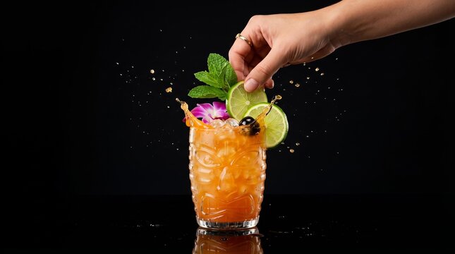 Dramatic Splash as Hand Places Lime Wheel on a Tiki Cocktail Garnish with Orchid and Mint on Black Background