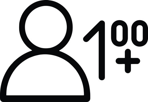 User icon with 100 plus sign, vector illustration of a person symbol with a numerical indicator, social media follower count or group member count concept
