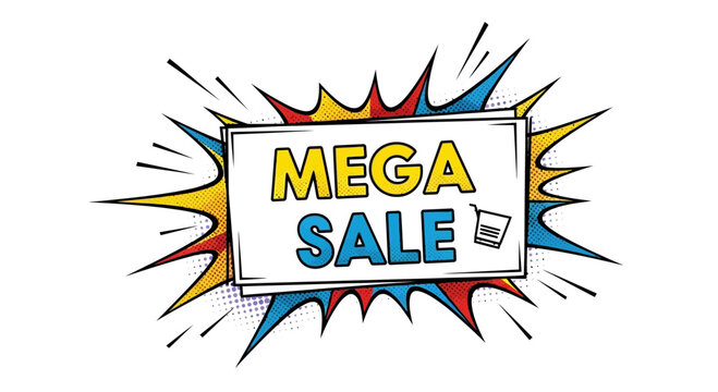 Mega Sale Burst - Exciting Shopping Discount Banner with Shopping Cart Icon