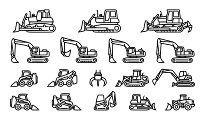 Minimal construction bulldozer and excavator line icon collection for engineering workflow and industrial applications © MdHacib