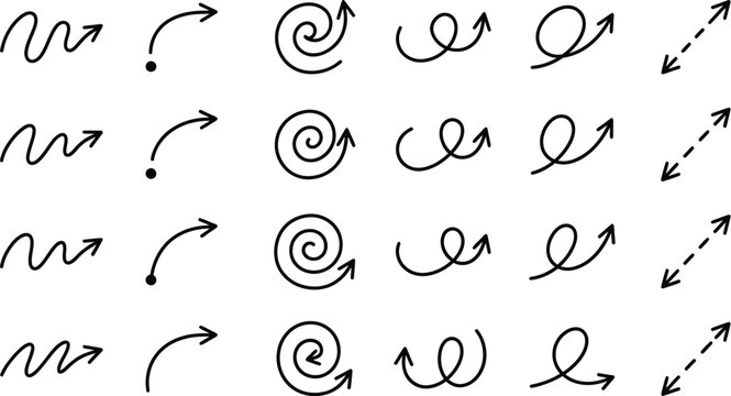 Arrows featuring spiral and wavy patterns offer a diverse set of creative design elements for digital projects.