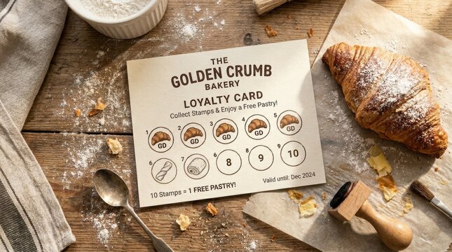 Golden crumb bakery loyalty card with pastry stamps and free treat offer