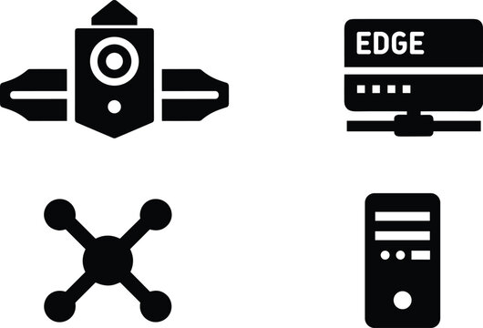 Edge computing and low latency network icons set isolated on white background black silhouette collection for distributed systems and digital infrastructure