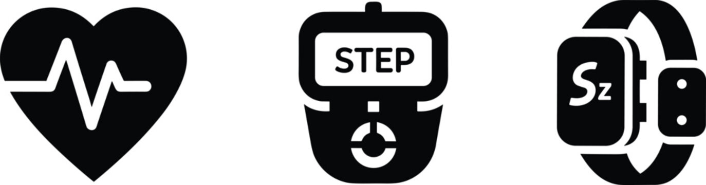 Health monitoring and wearable smartwatch icons set isolated on white background black silhouette collection for fitness tracking and digital wellness
