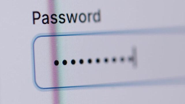 4K macro footage of a password being typed into a field, showing hidden dots moving across the screen until they go out of focus.