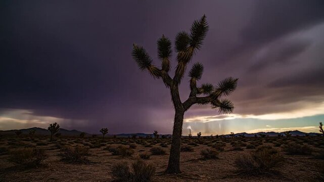 Epic time-lapse of a lightning storm over a desert landscape with Joshua tree silhouetted against dramatic clouds