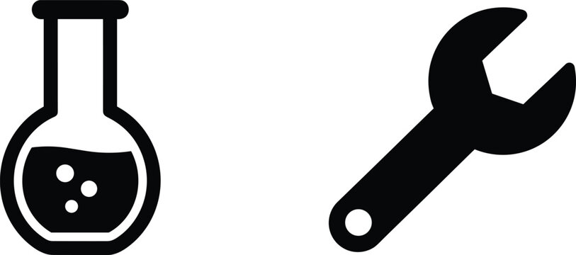 Laboratory science and mechanical tool icons set isolated on white background black silhouette collection for engineering research and technical workflow