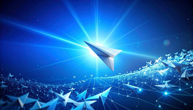 Conceptual digital illustration featuring a large white paper airplane gliding over a complex network of digital data connections. Futuristic blue background with effects abstract blue background
