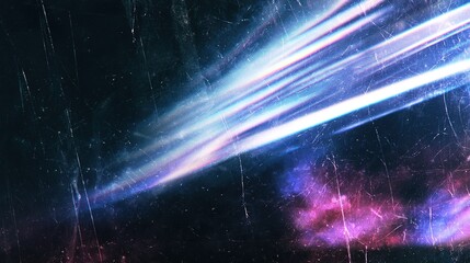 Obraz premium Dark textured abstract background with prominent light leaks and lens flare effects, diagonal glowing white light streaks with blue purple pink refractions, heavy film grain, fine scratches