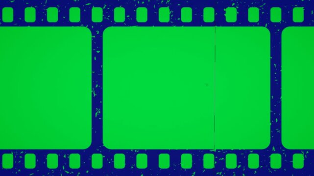 Clean Blue Thick Edge negative film strip on green screen chroma key background. modern colorful strip style stock footage for cinematic video editing and creative media projects. broadcast template