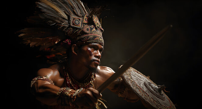 Gawai Dayak, a male dancer performing Tari Ngajat, is holding a carved Telawang shield and Mandau sword.