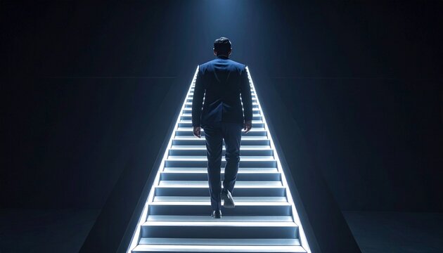 mengarah ke pintu masuk terang di lorong gelap yang futuristik. stairway to heaven