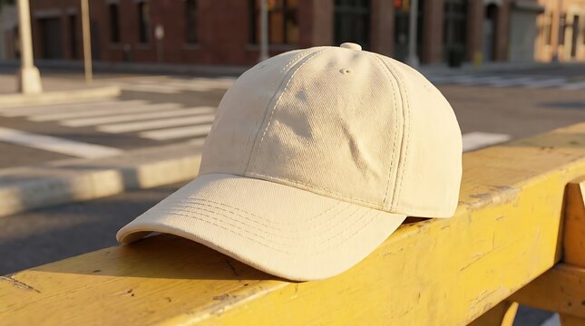Blank cream baseball cap mockup on yellow roadside construction barrier near city crosswalk in warm editorial landscape setting