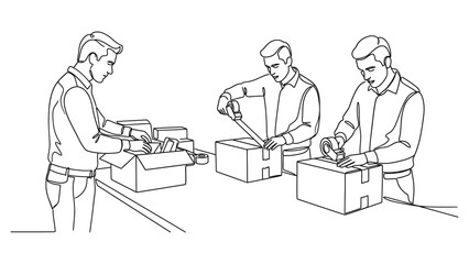 Fototapeta premium continuous line art Three workers assembling boxes in a factory.
