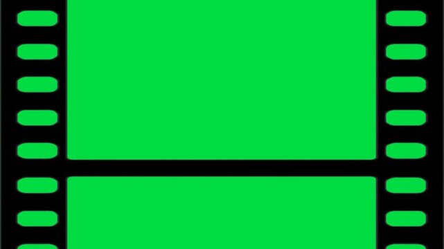 Black Thick Standard Empty negative film strip on green screen chroma key background. bold clean roll style stock footage for cinematic video editing and creative media projects. animation portfolio