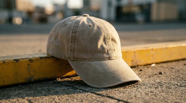 Blank washed beige dad hat mockup resting on yellow construction barrier beside textured concrete pavement landscape format