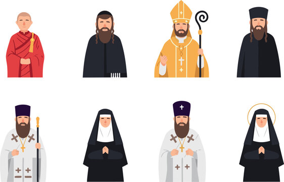 Diverse Religious Leaders Character Set Featuring Priest Nun Monk Bishop and Rabbi in Traditional Spiritual Attire