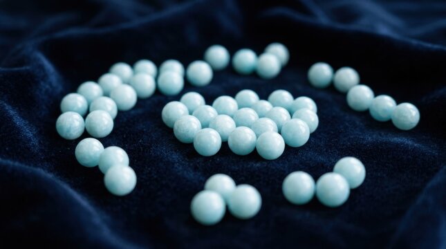 Collection of light blue spherical beads and polished round stones scattered on dark navy blue velvet fabric surface, featuring clusters and lines with a shallow depth of field.