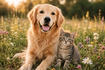 Fototapeta premium Golden Retriever and Kitten in Wildflower Meadow at Sunset Cute Animal Friendship Nature Photo