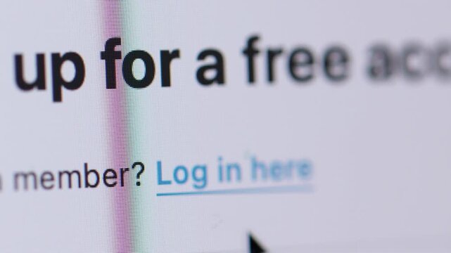 Close-up 4K view of an interface switching between "Sign up" and "Log in here" blue links on a white background with a cursor interaction.