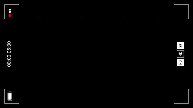 Black camera HUD overlay with REC indicator, side controls and timecode. Clean minimalist vertical 4K video with alpha channel, ideal for editing and compositing