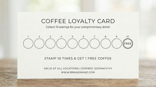 Coffee loyalty card with 10 stamp punch design for free drink