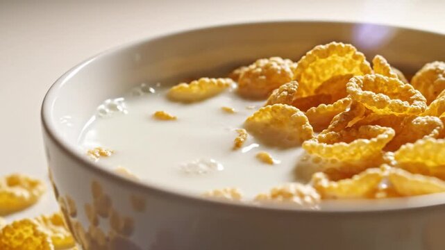Close-up of golden crispy cornflakes being poured into a bowl of fresh white milk for a delicious breakfast
