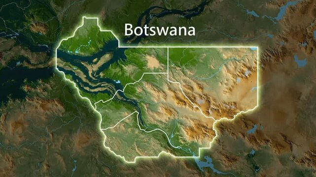 Botswana animated geographical map with glowing borders and country name reveal, Africa travel concept