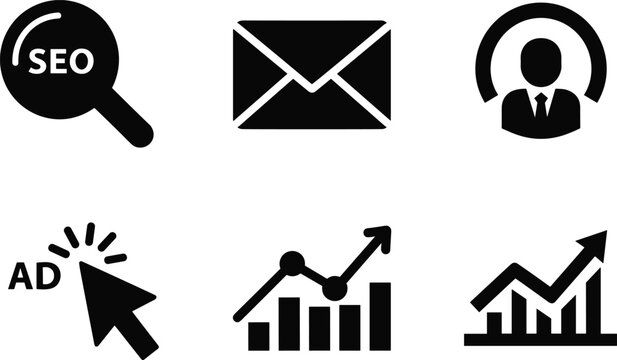 SEO and digital marketing icons set isolated on white background black silhouette collection for online advertising analytics and business promotion