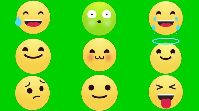 Emoji icon animation on green screen chroma key background displaying crying, shocked, and angel. High quality isolated footage assets for your creative projects today. Use this