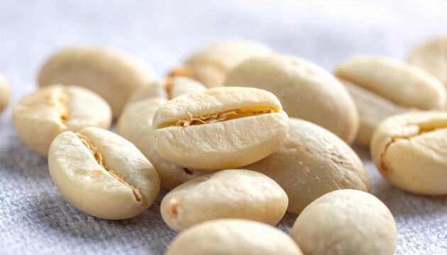 Macro photography of pale light roast coffee beans with visible surface imperfections and brown chaff, arranged on a light grey textured fabric surface with soft natural lighting and bokeh.