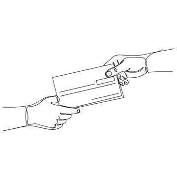 Hands exchanging a check for charity donation or payment. Continuous one line drawing vector illustration. Minimalist linear design isolated on white background