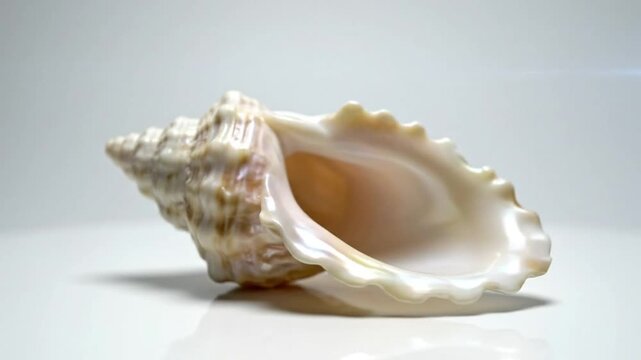 Close up view of an empty conch shell against a bright background, showcasing its intricate details