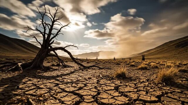 Dramatic time-lapse of a desolate desert landscape featuring a dead tree and cracked earth under a stormy sky.