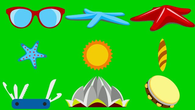 Summer items green screen chroma key background animation featuring sunglass, starfish, red, sun, shell, knife, lotus, tambourine, and blue. High quality isolated footage. Buy