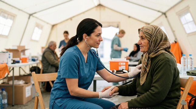 Female doctor using a stethoscope to examine an elderly refugee woman in a field hospital tent. Humanitarian medical aid and healthcare support for displaced people. Emergency clinic setting