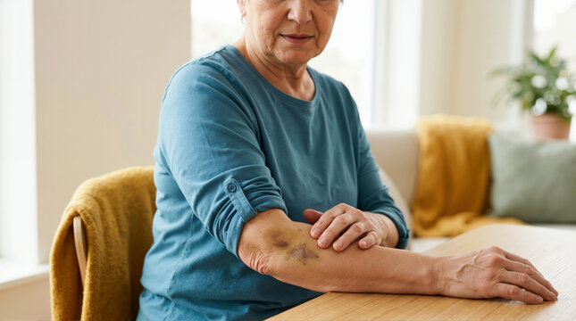 Close up of elderly woman with bruised arm. Senior patient touching hematoma on elbow. Medical injury and skin trauma concept