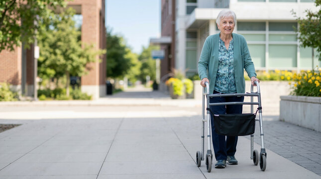 Elderly woman with walker on city sidewalk. Senior female using mobility aid for independence outdoors. Active aging and healthcare concept