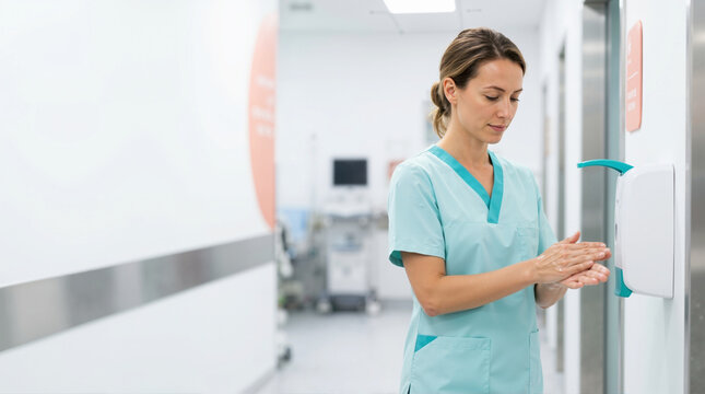 Healthcare worker disinfecting hands with wall mounted sanitizer dispenser. Female nurse in teal scrubs following hygiene protocol in hospital corridor. Medical safety and infection control