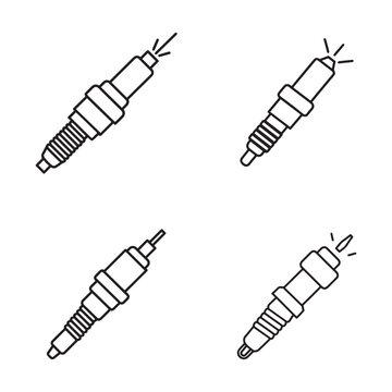 Four different spark plugs with sparks isolated on white background for car engine maintenance and repair concepts
