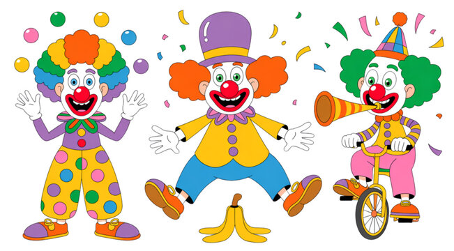 Colorful clown characters standing and dancing with confetti and balloons Vector