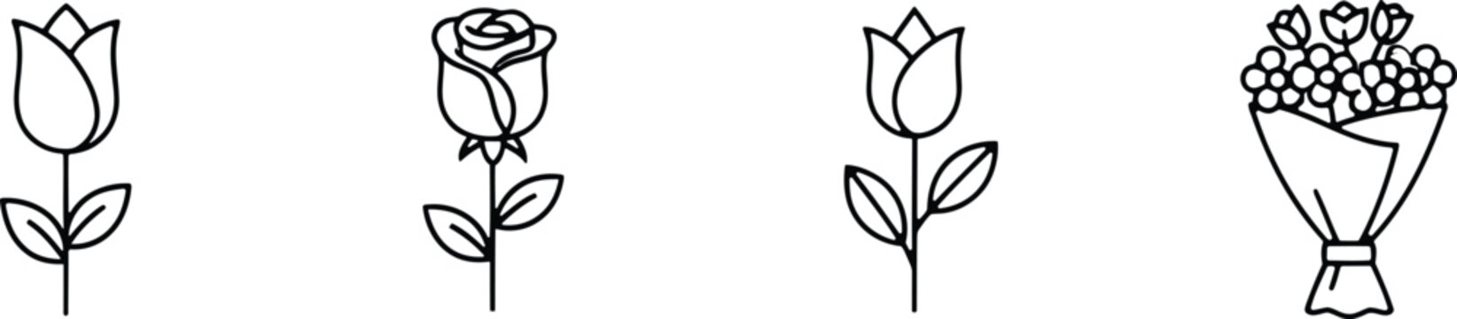 Floral line art collection tulips roses and flower bouquets