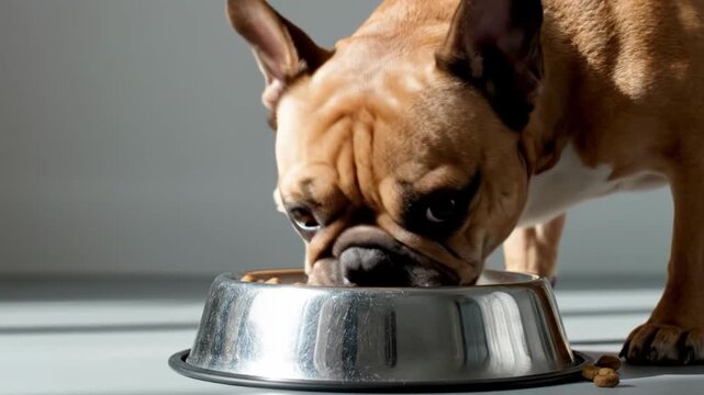 French bulldog eating kibble from a stainless steel bowl