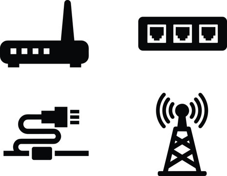 Wireless router and internet connectivity icons set isolated on white background black silhouette collection for network communication and digital technology design