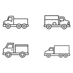 Fototapeta premium Line drawings of various delivery trucks and lorries in different side views trucks are shown in simple black outlines on a plain white background