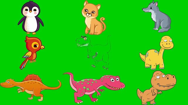 Animal mix green screen chroma key background animation featuring penguin, cat, wolf, bird, fart, triceratops, spinosaurus, trex, and diplodocus. High quality isolated footage.