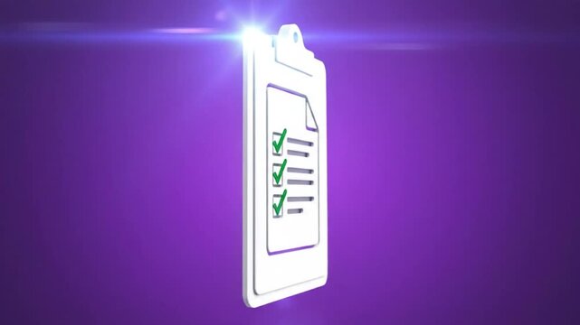 Checklist animation concept of a clipboard with completed tasks and a purple background for successful project planning