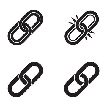 Set of chain link icons in different positions and one broken chain link with spikes  chain links in various orientations on white background